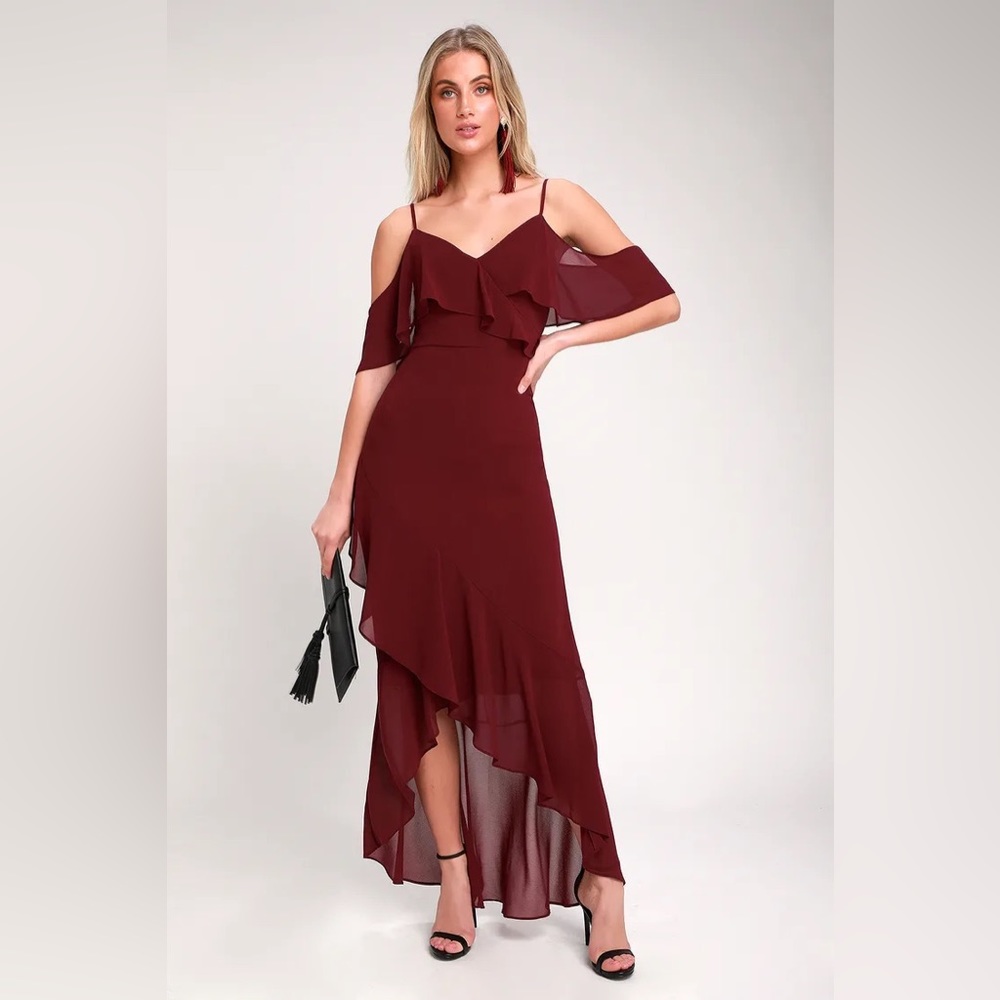 Caden Burgundy Off-the-Shoulder Ruffled Maxi Dress, XL,